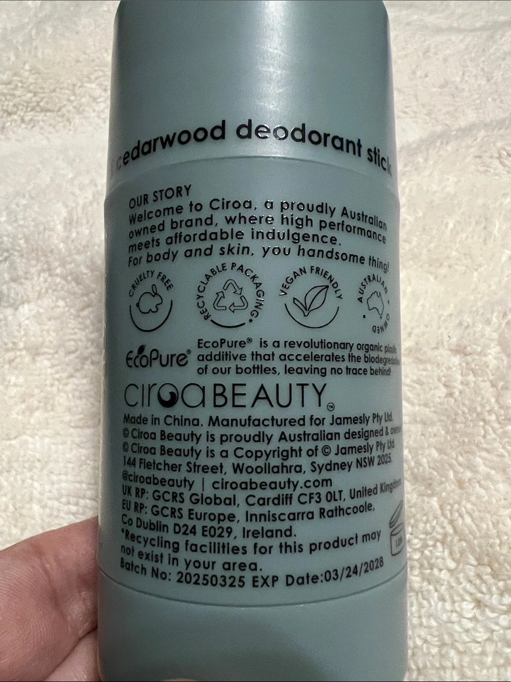 Ciroa deodorant stick + shea butter 2.6 oz Charcoal & Cedarwood